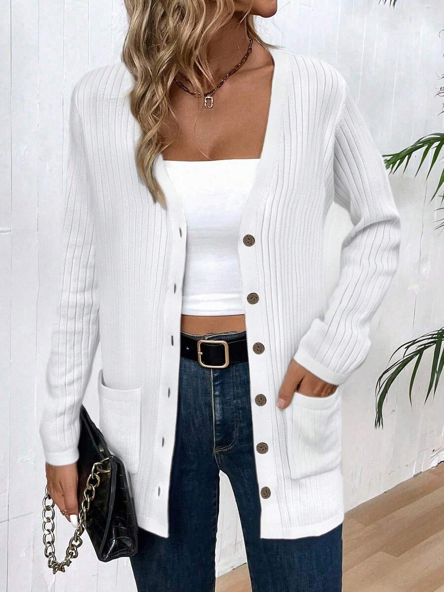 EMERY ROSE Ladies' V-Neck Single-Breasted Pocket Long Sleeve Elegant And Simple Cardigan,Long Sleeve Tops Fall Winter Cloth For Women - White - View 1