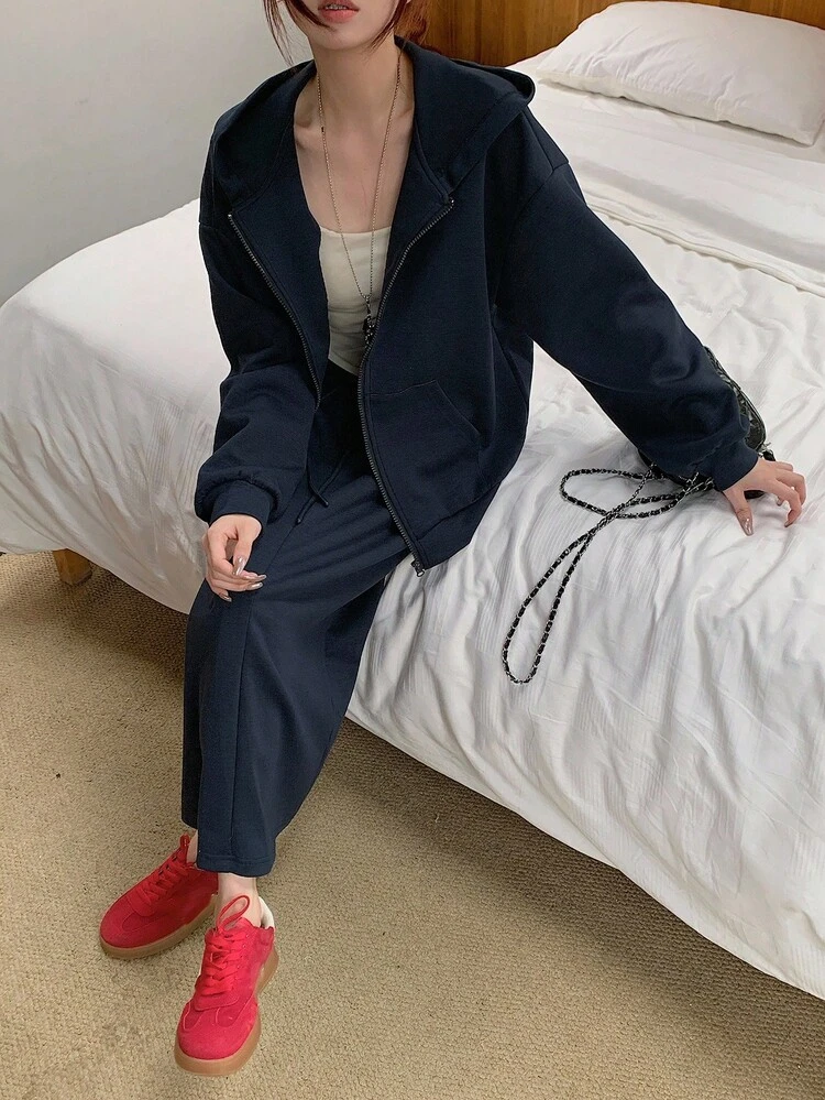 2pcs/Set Women Solid Color Loose Hoodie Sweatshirt & A-Line Split Hem Skirt Casual Street Wear Thick Outfit, Autumn/Winter Lounge Sets For Women