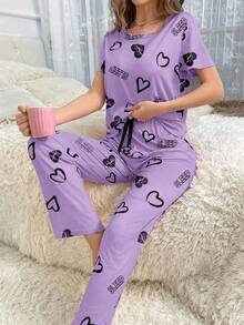 女士心形图案圆领短袖休闲上衣和裤子睡衣套装紫色睡衣套装薰衣草睡衣套装女士睡衣套装2件套睡衣套装可爱睡衣套装 - 彩色 - 查看 5