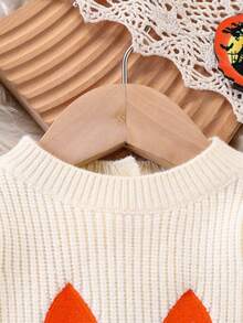 SHEIN Baby Boys/Girls Knitted Long Sleeve Bodysuit, Comfortable For Autumn/Winter, Beige Color, Versatile For Daily Wear, Embroidered Halloween Pumpkin Design, Stylish & Cute, Suitable For Holidays, Home, Outings, Travel - Apricot - View 7