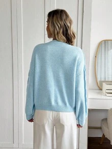 SHEIN LUNE Rundhals Laternärmel 3D Blumen Pullover, lässiger, weiter Pendler Vintage Stil für Frauen Blumen Pullover Damen Pullover bestickter Pullover blauer Pullover Zopfstrick Pullover für Herbst/Winter - Blau - Übersicht 2