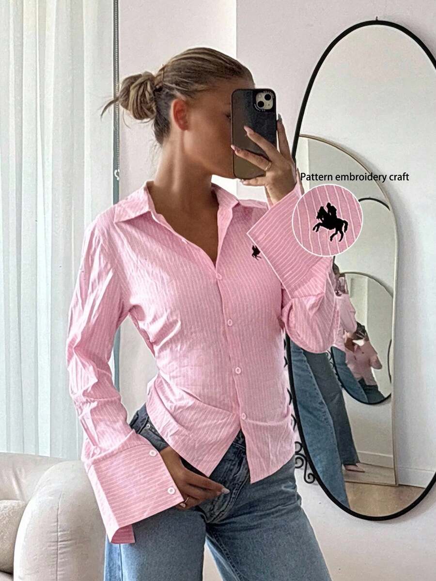 CovetEZ 女式条纹马术印花长袖单排扣休闲衬衫 - 粉色 - 查看 1