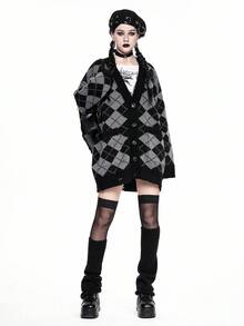 ROMWE Academia 女式菱形拼色V领宽松学院风针织开衫，秋冬款 - 灰色 - 查看 9