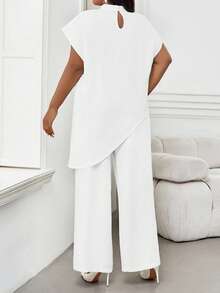 SHEIN Lady 2025新款大码女式钴蓝色纯色圆领3/4袖宽松不对称下摆优雅衬衫情人节新年派对 - 白色 - 查看 2