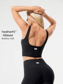 GLOWMODE Sujetador deportivo FeatherFit™ de cuello cuadrado con costillas flexibles y suaves, de bajo impacto, apto para yoga, pilates, estudio y uso diario casual, con copas desmontables - Negro - Ver 8