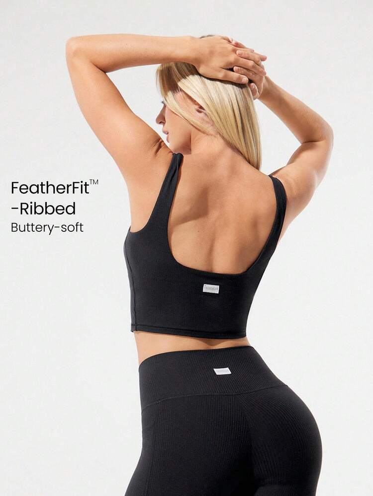 Biustonosz sportowy FeatherFit™ Ribbed Flex Soft Square Neck Low Impact Yoga Pilates Studio Codzienny strój na co dzień Wyjmowane miseczki