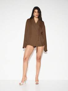 KIZN Áo choàng voan họa tiết nhăn tay dài kiểu áo khoác blazer buộc dây bên hông, thích hợp mặc đi nghỉ dưỡng mùa thu đông, công sở, thanh lịch, cỡ lớn - Màu nâu Sô-cô-la - Xem 3
