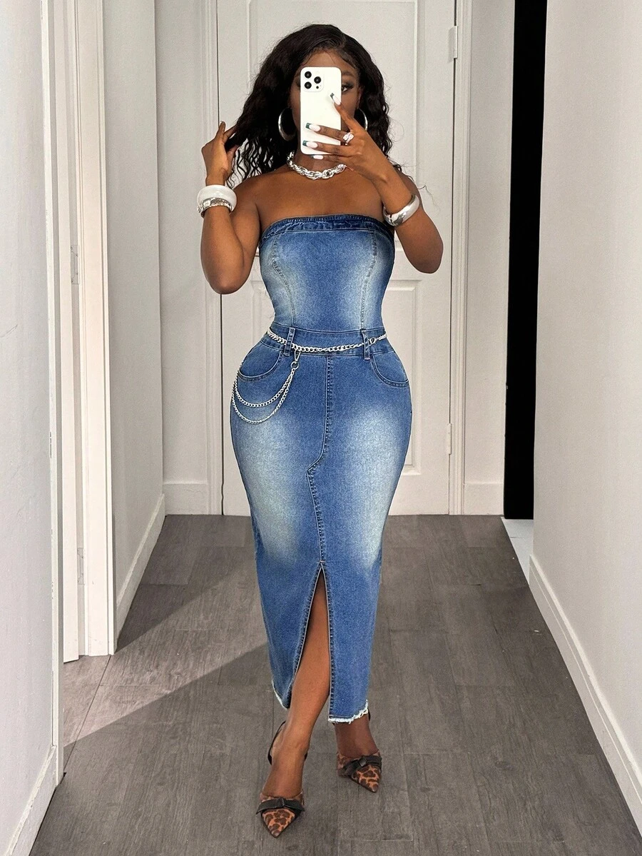 BamGleam Casual Denim Dress For Elegant Women - Blue - View 1