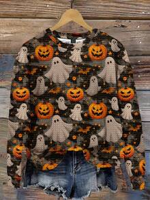 SHEIN LUNE Sudadera holgada de mujer con cuello redondo, estampado minimalista casual, adecuada para Halloween, con estampado de fantasma o calabaza para otoño/invierno - Multicolor - Ver 1