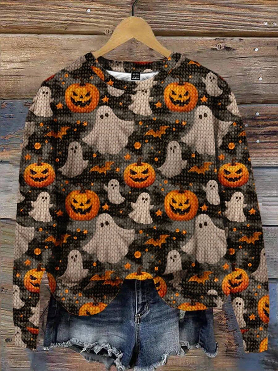 SHEIN LUNE Sudadera holgada de mujer con cuello redondo, estampado minimalista casual, adecuada para Halloween, con estampado de fantasma o calabaza para otoño/invierno - Multicolor - Ver 1