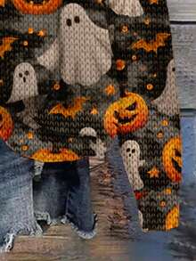 SHEIN LUNE Sudadera holgada de mujer con cuello redondo, estampado minimalista casual, adecuada para Halloween, con estampado de fantasma o calabaza para otoño/invierno - Multicolor - Ver 3