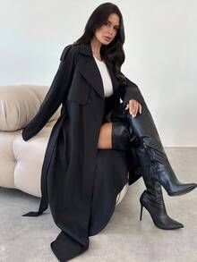 Firerie Women's New Elegant Casual Fashion Versatile Black Long Button Lapel Windbreaker, Suitable For Autumn Winter, Women's Coat, Commuting Wear, Fall - Black - View 8