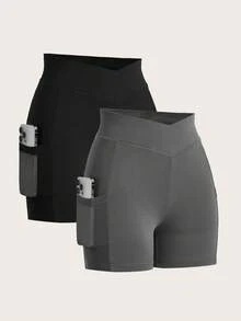 SHEIN LUNE 2pcs/Set Plus Size Women Solid Color Fitted Casual Leggings, Suitable For Summer Women's Sportswear - Multicolor - View 1