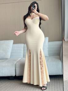 Flirla 加大码 V 领旗袍领扣蕾丝透明花卉饰边高弹力优雅拼接鱼尾修身黑色长裙，适合度假、鸡尾酒会、约会、聚会 - 杏色 - 查看 4