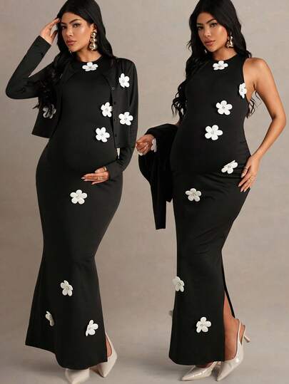 MaterniChic 2pcs Maternity Casual 3D Floral Sleeveless Dress & Jacket Set Winter Clothes  Long Party Dresses  Elegant Party Dress Elegant Women's Set Chic