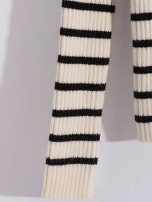 Franclia 女式拼色条纹性感不对称肩部针织上衣 T 恤，法式优雅修身罗纹毛衣，秋季/春季，露肩，高领，长袖 - 黑與白 - 查看 4