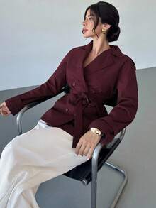 Firerie Women's Burgundy Lapel Long-Sleeved Double-Breasted Casual Trench Coat, Autumn And Winter Coat / Intellectual And Elegant Female / Daily Outing / Commuting Wear / Business Negotiations / Airport Wear,Fall - Burgundy - View 5