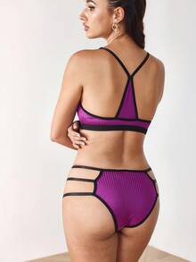 Menodora SHEIN Sport Set sportivo da donna con reggiseno e mutandine a contrasto con design traforato - Viola - Visualizzare 2