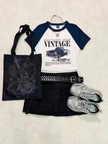 Attitoon 休闲简约复古汽车印花圆领短袖短款修身 T 恤，适合夏季穿着 - 藏蓝色 - 查看 4