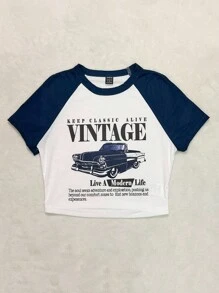 Attitoon 休闲简约复古汽车印花圆领短袖短款修身 T 恤，适合夏季穿着 - 藏蓝色 - 查看 7