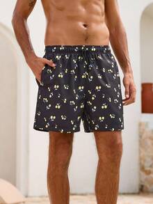 Manfinity Swimmode Men's Casual Cherry Print Beach Shorts - Black - View 7