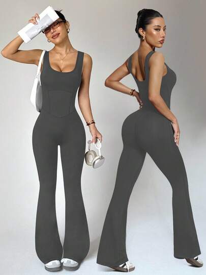 Easithlete Women's Black Sleeveless Jumpsuit, Front Panel Seam, High Waist U-Neck U-Back, Suitable For Casual, Gym, Yoga, Running In Spring/Summer Flare Jumpsuit Flared Leggings Set Bodycon Jumpsuit Seamless Jumpsuit Yoga Jumpsuit Flare Jumpsuits For Woman