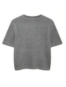 INAWLY Áo len dệt kim tay ngắn cổ tròn màu trơn dành cho nữ, mùa hè - Xám - Xem 2