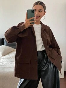 Livesso 女士纯色宽松休闲灯芯绒常规款外套，秋季女式大衣 - 咖啡棕 - 查看 5