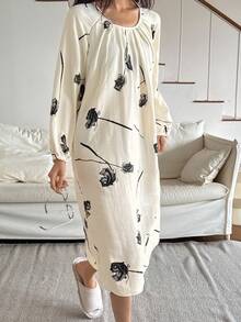 DAZY Floral Print Pleated Lantern Sleeve Loose Long Women Nightgown, Fall Pajama - Beige - View 3