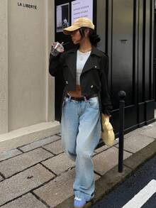 SHEIN EZwear 休闲街头风格杏色女式短款风衣 - 黑色 - 查看 4