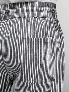 SUMWON 棉质高腰阔腿条纹阔腿裤，前褶筒形剪裁，适合办公室职业裤，四季皆宜 - 黑與白 - 查看 7
