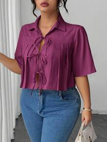 Elenzga Blusa elegante corta con pliegues y lazo delantero para mujer - Morado - Ver 3