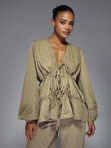 MISSGUIDED 条纹系带前泡泡袖荷叶边上衣和阔腿阔腿裤套装秋冬办公室装商务休闲晚装 - 卡其色 - 查看 3