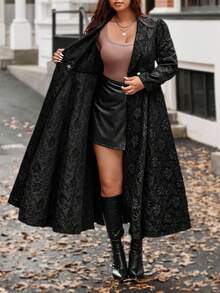 Flirla Plus Size Jacquard Elegant Long A-Line Waist Cinched Autumn/Winter Jacket Winter Autumn Fall - Black - View 9