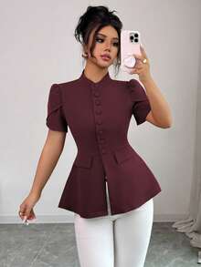 Elenzga Áo sơ mi nữ tay ngắn thanh lịch phong cách Sicilia, cổ đứng, cài nút phía trước, tay bồng, dáng chữ A, túi trang trí, thích hợp mặc khi đi làm, đi nghỉ, tiệc trà chiều, tiệc tùng, xuân/hè - Màu Tím - Xem 7