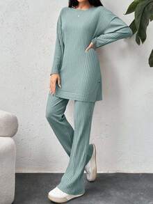 EURMUSE Cotton Drop Shoulder Split Hem Tee & Pants - Mint Green - View 3