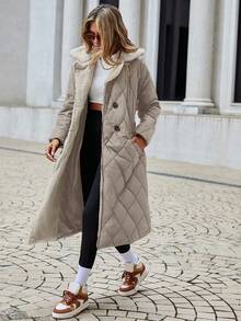 RueChic Women'S Solid Color Button-Up Lapel Collar Long Padded Coat - Beige - View 3