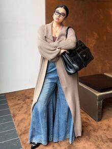 Flirla Plus Size Women Warm Turndown Collar Single Button Long Knitted Cardigan Sweater, Suitable For Autumn/Winter, Back To School, Indoor/Outdoor Commute Fall Cloth For Women