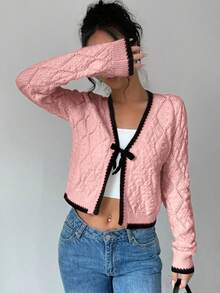 Chiquease French Casual Versatile Diamond Textured Long Sleeve Pullover Knit Fall Winter Cloth For Women - Watermelon Pink - View 5