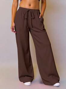 ReShift Pantalones anchos de unicolor casuales de talla grande - Marrón - Ver 5