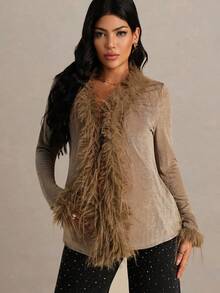 MaterniChic Pregnant Women's Fashionable & Elegant Fuzzy Patchwork Long Sleeve T-Shirt Winter Clothes Elegant  Long Sleeve Going Out Top  Chic Brown Top - Camel - View 5