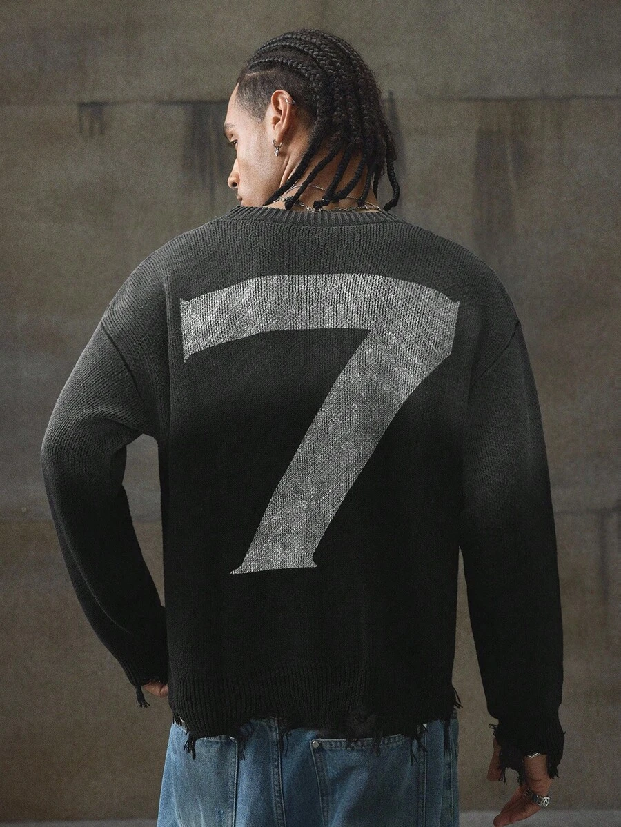 AXEPEAK Men's Casual Numeric Pattern Round Neck Drop Shoulder Long Sleeve Sweater, Autumn, For Fall Winter - Black - View 1