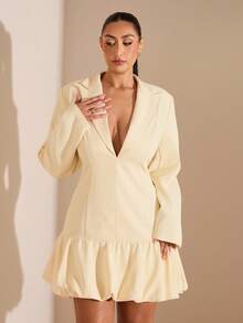 SHEIN BAE 大码女式纯色翻领长袖荷叶边下摆时尚西装外套连衣裙 - 黃色 - 查看 5