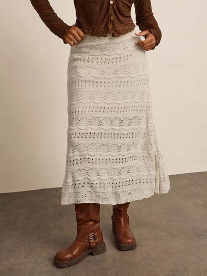 SHEIN VCAY Plus Size Women Solid Color Hollow Design Elastic Waist Casual Knit Midi Skirt Autumn Winter Clothes For Women