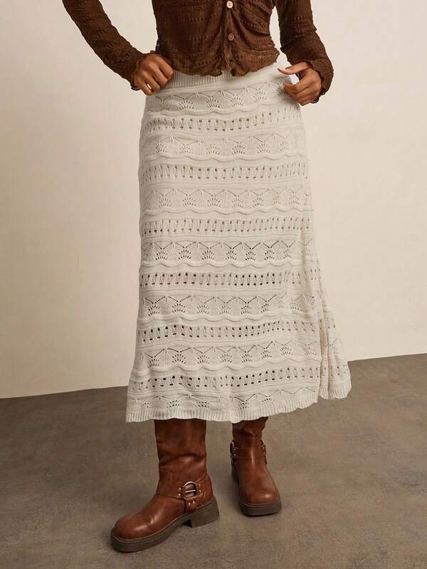 Freevana Falda midi de punto casual con diseño hueco y cintura elástica de unicolor para mujeres de talla grande, ropa de otoño e invierno para mujeres