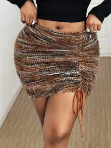 Maweii Plus Size Women Sexy Faux Fur Knitted Fabric Bodycon Drawstring Asymmetrical Hem Skirt, Stylish Design For Party, Gathering, Outing