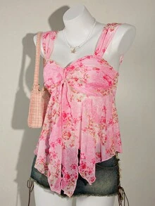 SHEIN ICON Áo nữ đi nghỉ mát in hoa xếp ly thời trang ngày Quốc khánh 4 tháng 7, áo hè dễ thương, áo đi chơi, áo hoa hồng, áo hồng xinh xắn, áo babydoll hồng, áo hè hồng - Hồng - Xem 6