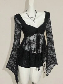 SHEIN ICON 女式甜心领喇叭袖蕾丝时尚上衣 - 黑色 - 查看 6