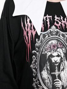 ROMWE Cute Mischievous Gothic Halloween Bat Shaped Collar Bride Print Loose Fleece Pullover Sweatshirt For Women - Black - View 2