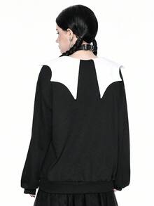 ROMWE Cute Mischievous Gothic Halloween Bat Shaped Collar Bride Print Loose Fleece Pullover Sweatshirt For Women - Black - View 3